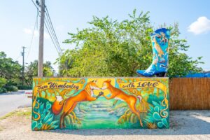 mural of two colorful foxes in wimberley texas with a painted boot on top--tracking down the painted boots is one of the fun things to do in wimberley tx