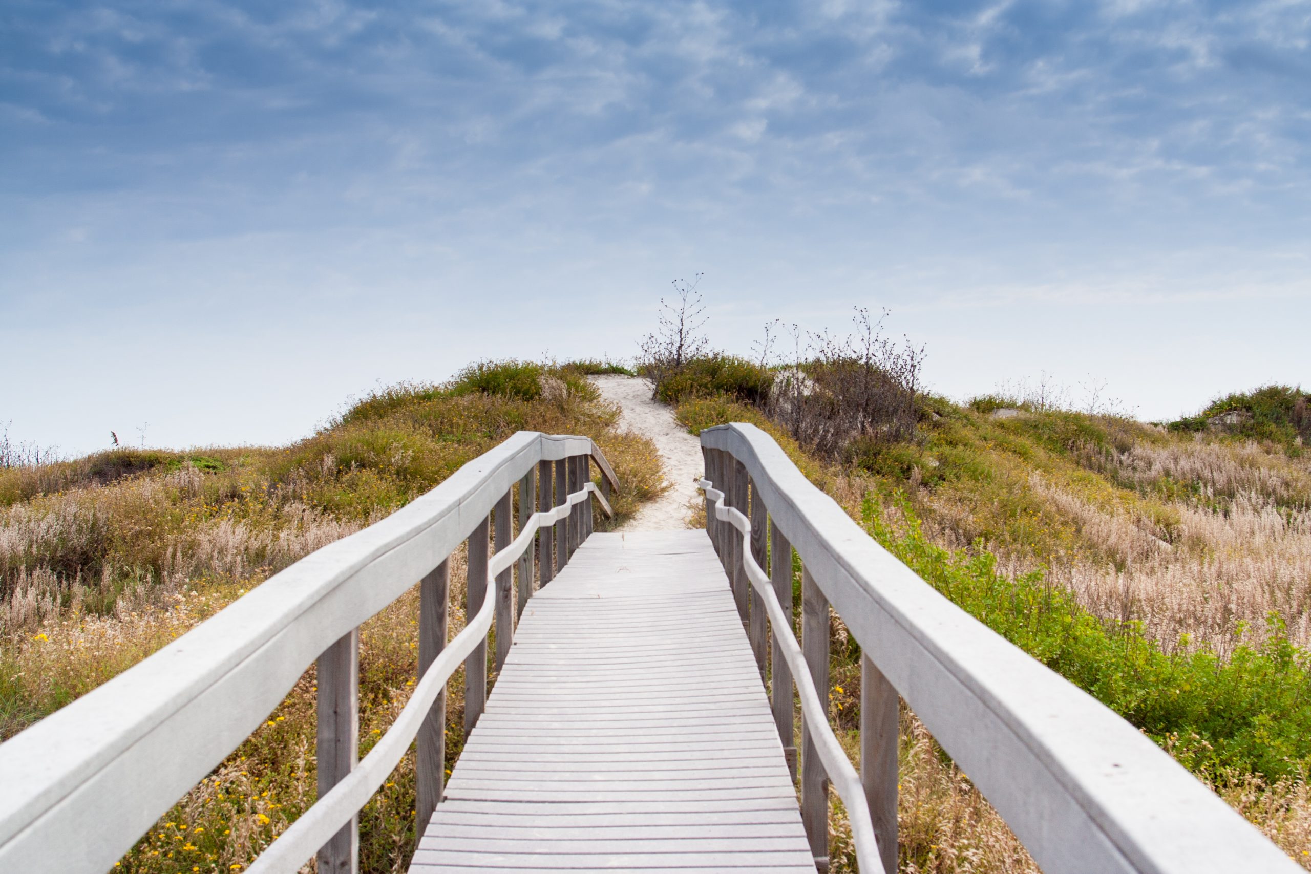 Long stretch of boardwalk leading to the beach in Port Aransas Texas