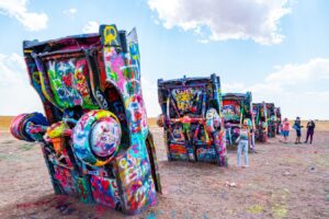 Buried Cadillacs at Cadillac Ranch Route 66 Amarillo Texas as seen from behind