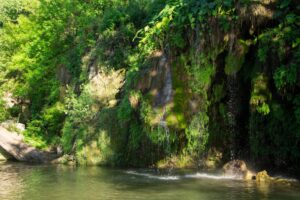 small waterfall into a pool at krause springs, one of the fun things to do in spicewood texas