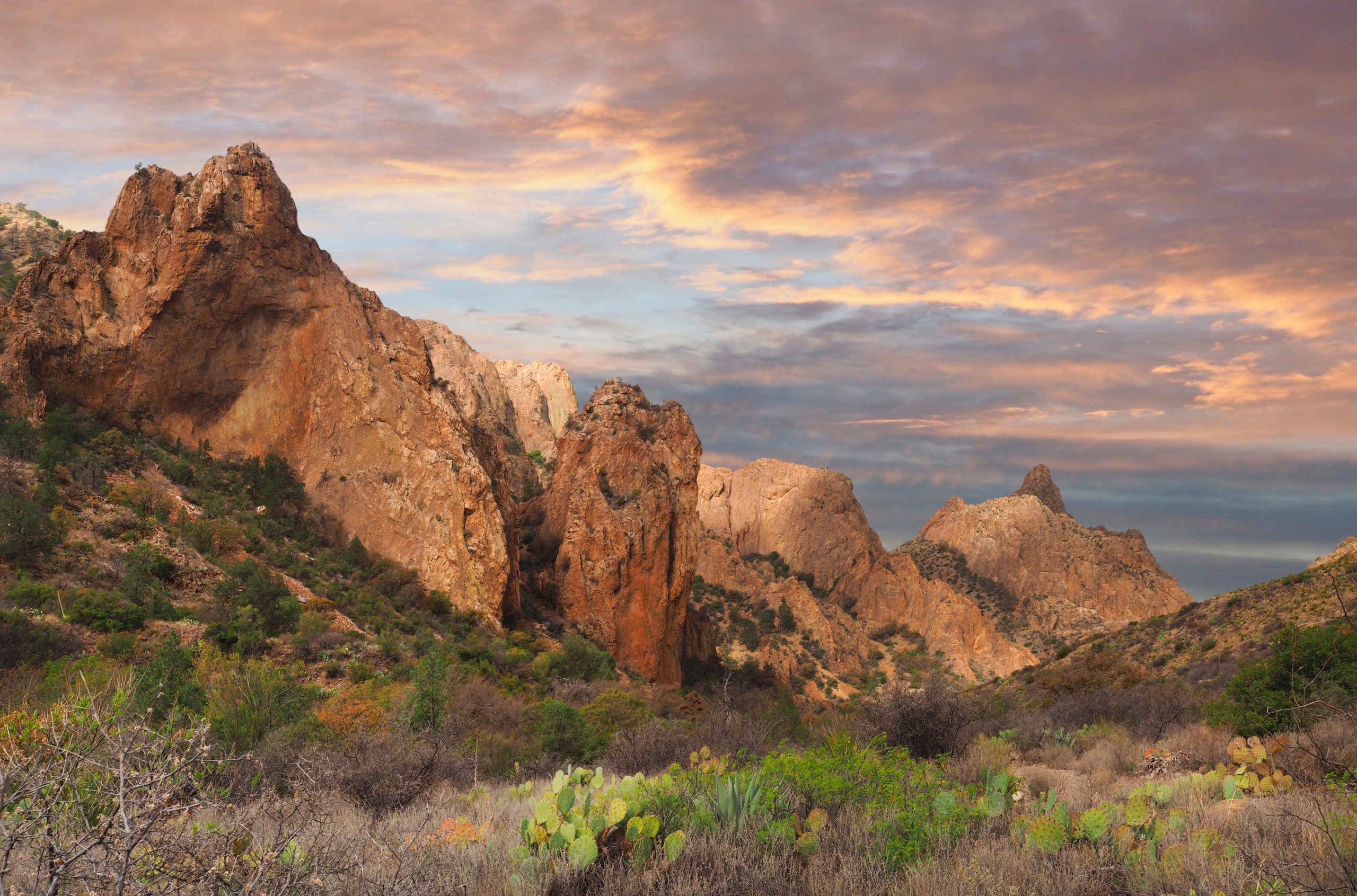 chisos basin mountains in texas at sunset