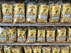shelf display bucees beaver nuggets, one of the most popular bucees food to eat