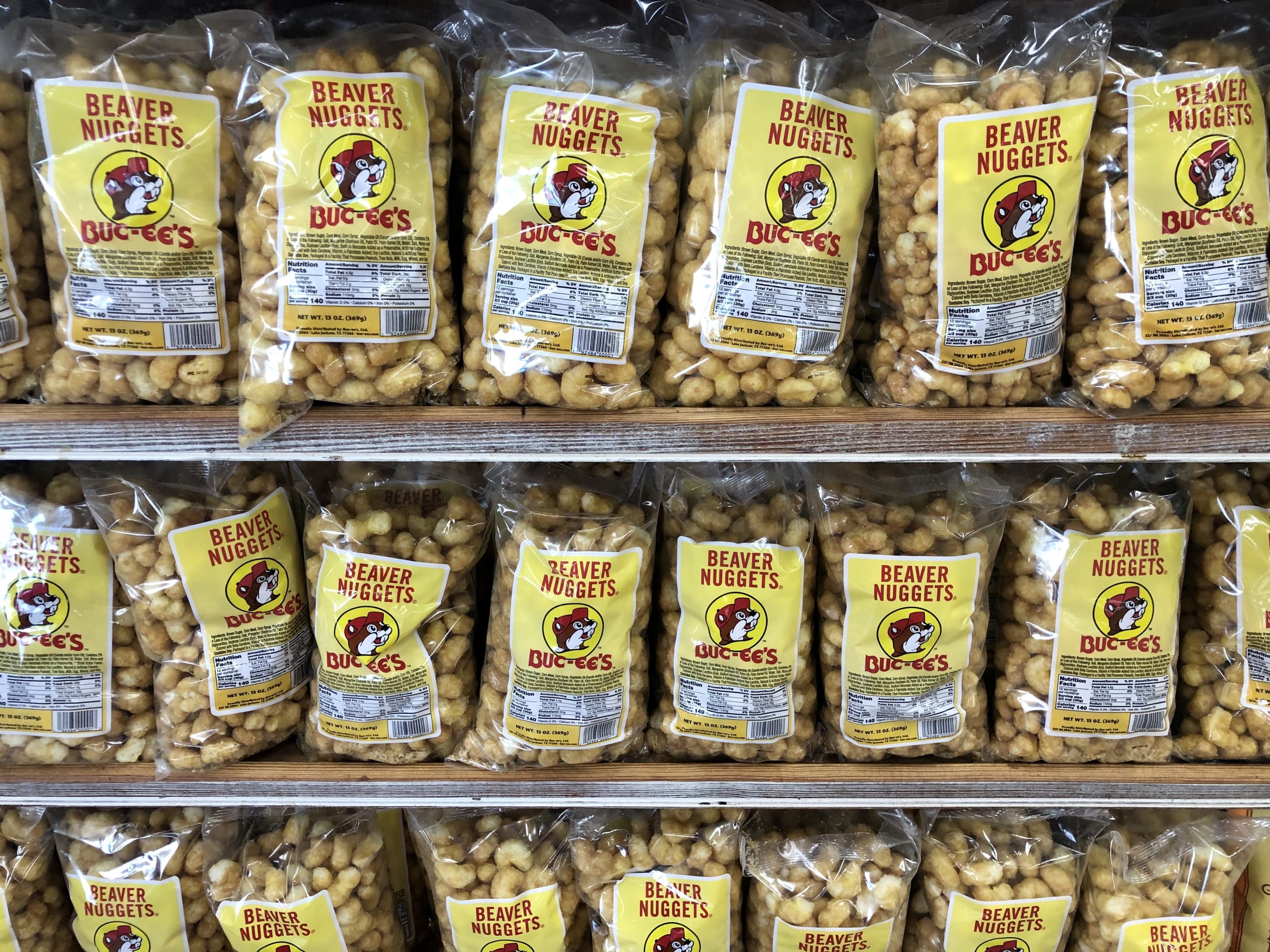 shelf display bucees beaver nuggets, one of the most popular bucees food to eat